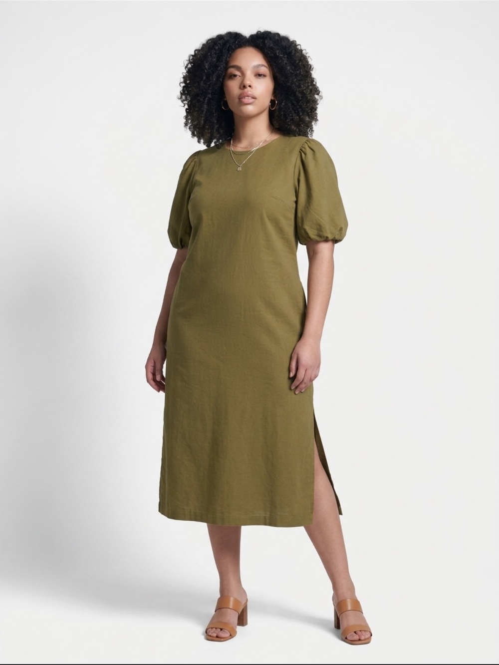 NWT BCBG Olive Khaki Green 100% Cotton Puff Balloon Sleeve Midi Dress - XL